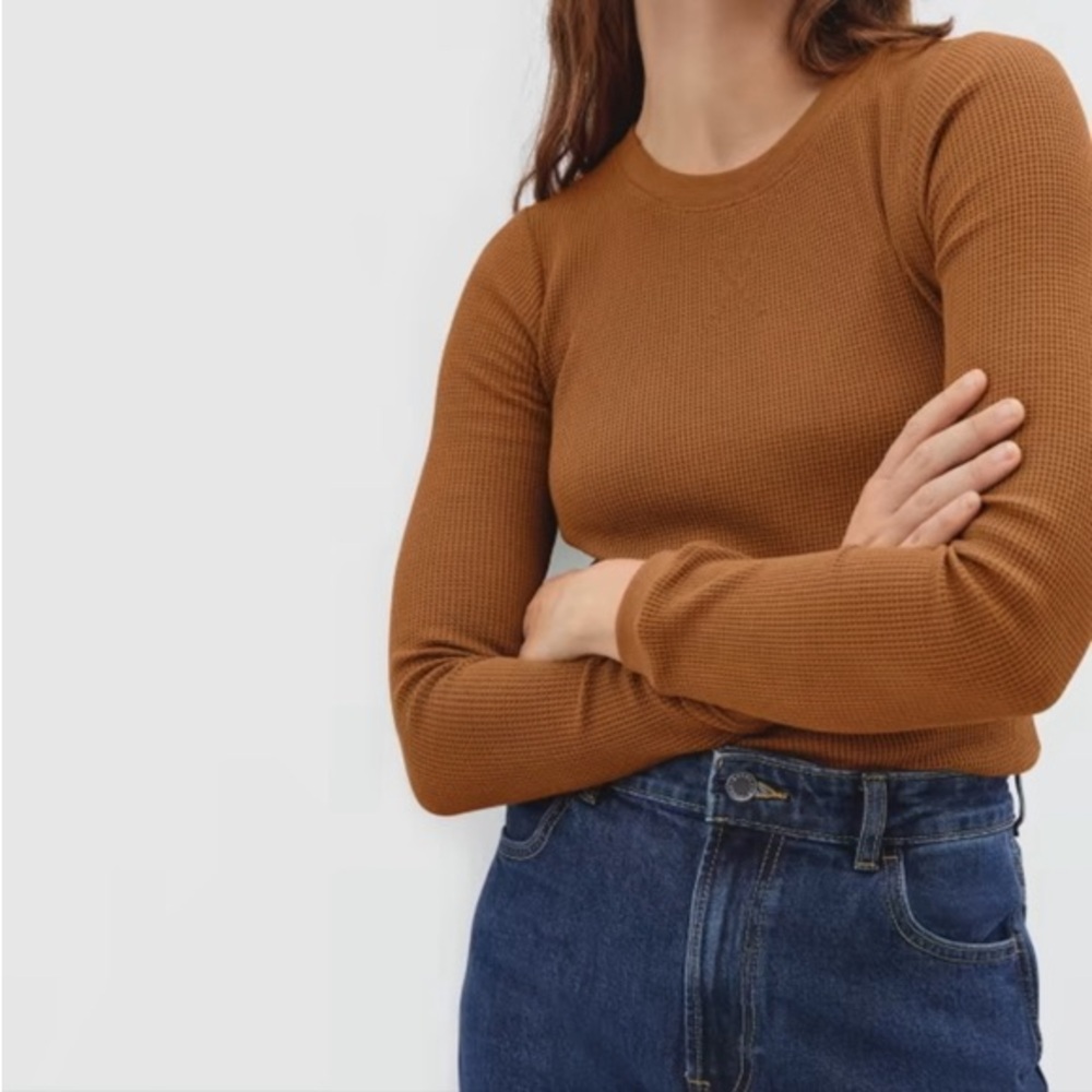Everlane Organic Cotton Waffle Crew Size L Warm Brown Long Sleeve Tee
